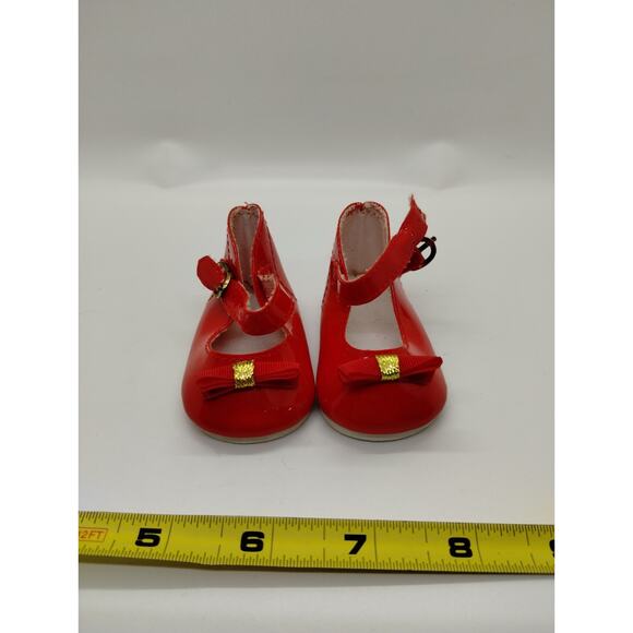 Playhouse Collection Doll Shoes Red Patent Gold Buckle Ankle Strap 3" Long - Picture 2 of 4